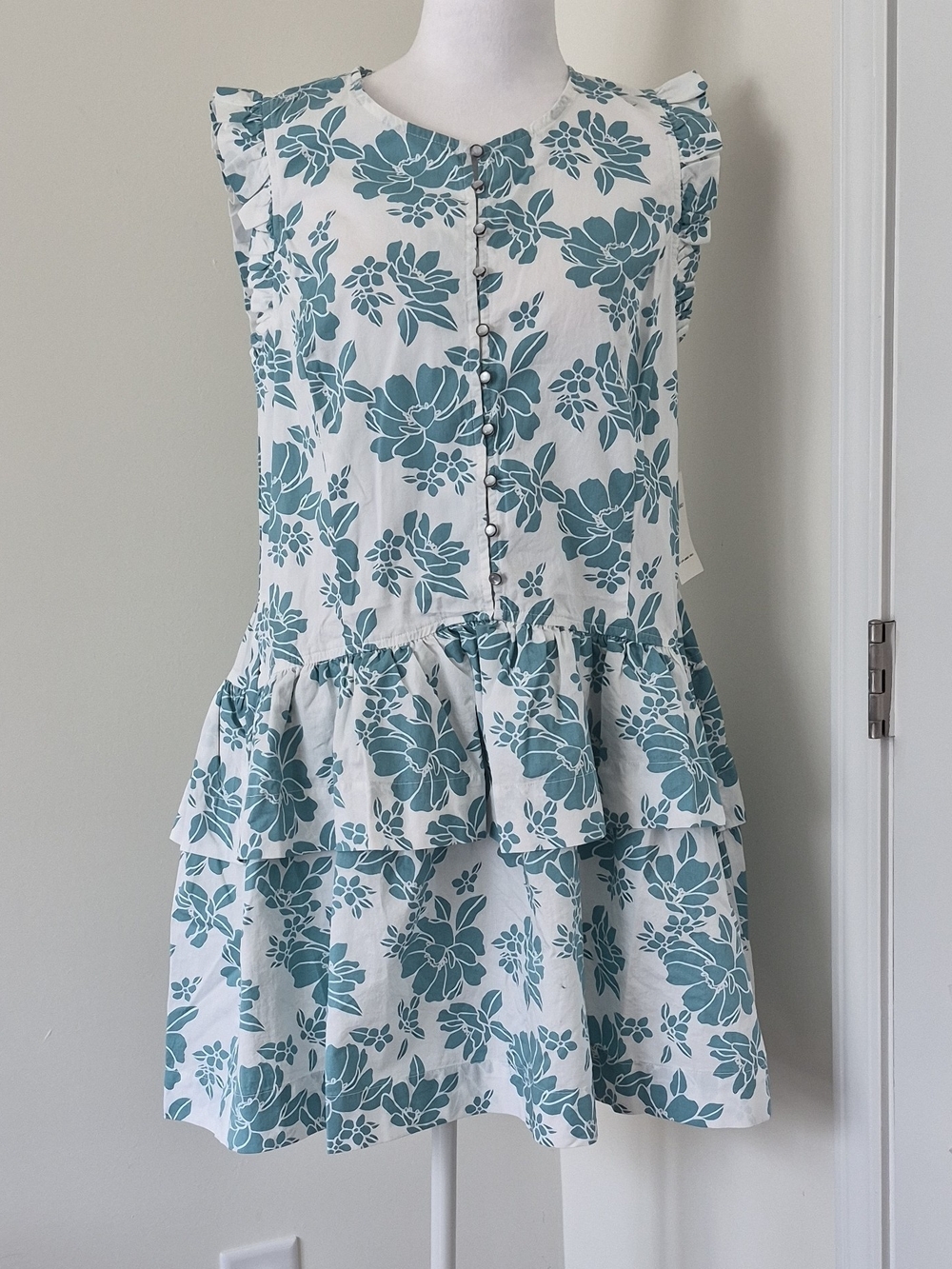 Free Assembly Tiered Floral Mini Dress in Teal and White Size M
